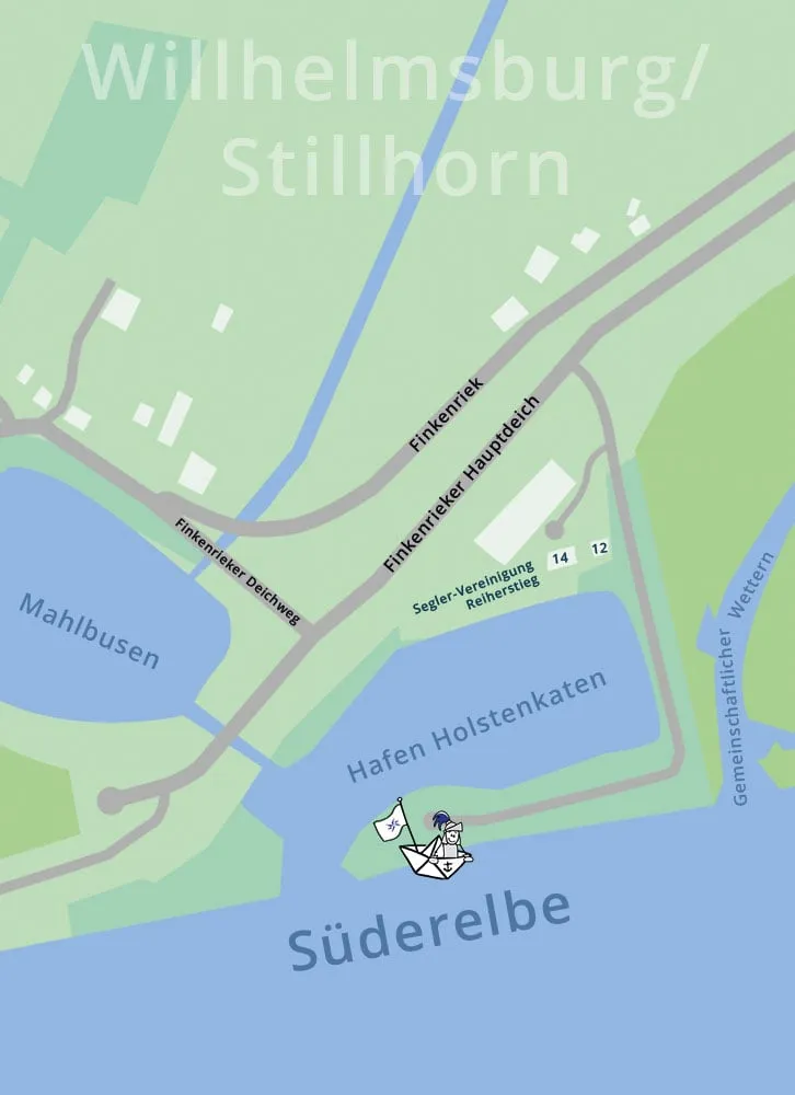 Wegbeschreibung zur MS Wohldorf: Liegeplatz an der Süderelbe beim Hafen Holstenkaten, Zufahrt über den Finkenrieker Hauptdeich in Wilhelmsburg.